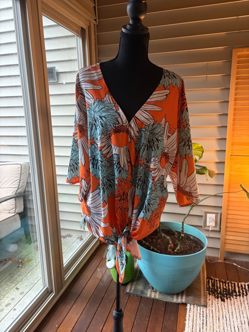 Orange Floral Tie-Front V-Neck Top